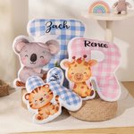 Personalised Cute Cartoon Animal Plaid Initial Shaped Cushion Home Decor Birthday Gift for Boys Girls