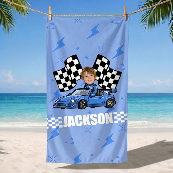 Personalized Cartoon Racing Kid Face Photo Character Quick Dry Oversized Beach Towel with Name Travel Essentials Summer Vacation Gift for Boys Girls