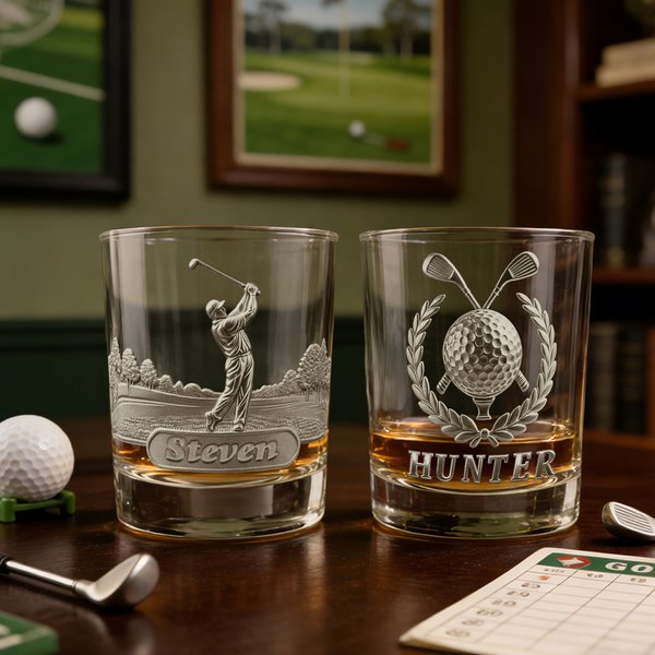 Verre à whisky personnalisé en 2D avec impression métallisée sur le thème du golf et nom du club de golf Cadeau d'anniversaire et de fête des pères pour les amoureux du golf
