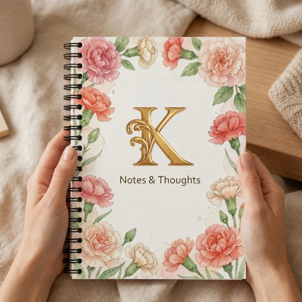 Personalised Birth Flower Golden Initial Spiral A5 Notebook with Text Birthday Mother's Day Gift for Mom Friend