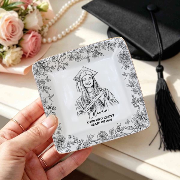Personalised Hand-Drawn Pencil Style Graduation Photo Ceramic Jewellery Dish with Year Name and School Name Daily Use Graduation Gift for Graduate
