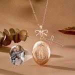Personalisierte Jungfrau Maria Foto Kreuz Medaillon Halskette mit Bogen Exquisite Schmuck Taufe Geburtstag Geschenk für Frauen Christen