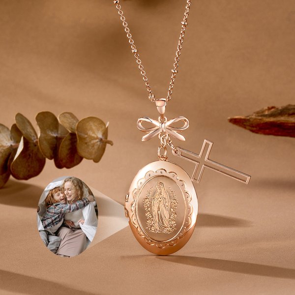 Personalisierte Jungfrau Maria Foto Kreuz Medaillon Halskette mit Bogen Exquisite Schmuck Taufe Geburtstag Geschenk für Frauen Christen