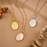 Personalisierte Jungfrau Maria Foto Kreuz Medaillon Halskette mit Bogen Exquisite Schmuck Taufe Geburtstag Geschenk für Frauen Christen