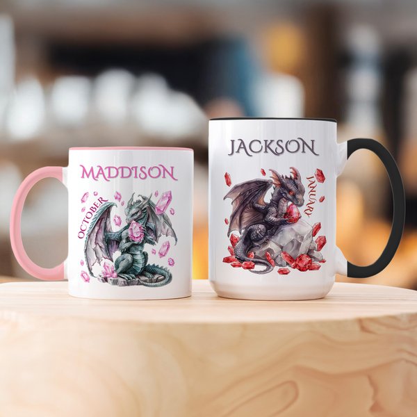 Personalized Dragon Birthstone 11 oz 15 oz Ceramic Mug with Name and Coaster Daily Drinking Birthday Gift for Children Dragon Enthusiasts