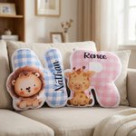 Personalised Cute Cartoon Animal Plaid Initial Shaped Cushion Home Decor Birthday Gift for Boys Girls