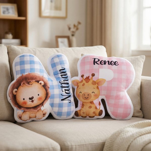Personalised Cute Cartoon Animal Plaid Initial Shaped Cushion Home Decor Birthday Gift for Boys Girls