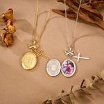 Personalisierte Jungfrau Maria Foto Kreuz Medaillon Halskette mit Bogen Exquisite Schmuck Taufe Geburtstag Geschenk für Frauen Christen