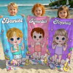Personalised Cartoon Beach Character Quick Dry Oversized Beach Towel with Name and Drawstring Bag Summer Holiday Party Birthday Gift for Kids Family