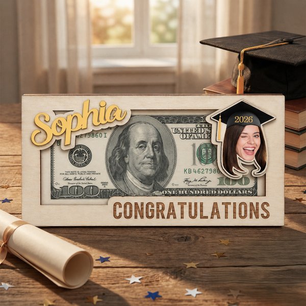 Personalisierte Klasse von 2026 Graduation Cap Foto hölzerne Geldhalter mit Namen und Jahr Graduierung Geschenk für Absolventen
