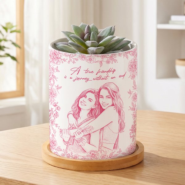 Personalised Pencil Sketch Photo Ceramic Plant Pot with Text and Bamboo Base Desk Decor Birthday Gift for Plant Lovers