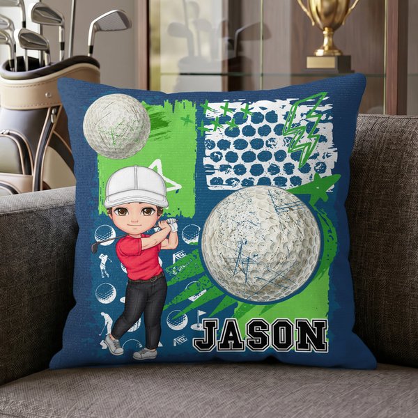 Funda de cojín personalizada con el nombre de un personaje de dibujos animados de golf para decoración del hogar Regalo de equipo para jugadores de golf