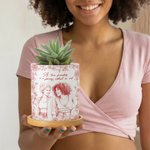 Personalised Pencil Sketch Photo Ceramic Plant Pot with Text and Bamboo Base Desk Decor Birthday Gift for Plant Lovers