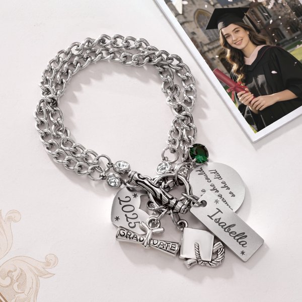 Personalized Bachelor Cap Birthstone Graduation Charm Bracelet with Engraved Year and Name Graduation Birthday Gift for High School College Graduates