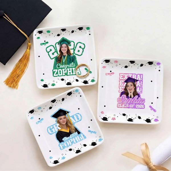 Personalised Graduation Cap Photo Square Ceramic Trinket Jewellery Dish with Name and Year Graduation Party Decoration Favors for Graduates