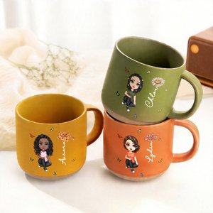 Personalized Cartoon Character Birth Flower Ceramic Mug with Name Daily Drinking Birthday Gift for Mom Friend