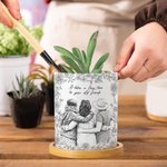 Personalised Pencil Sketch Photo Ceramic Plant Pot with Text and Bamboo Base Desk Decor Birthday Gift for Plant Lovers