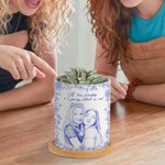Personalised Pencil Sketch Photo Ceramic Plant Pot with Text and Bamboo Base Desk Decor Birthday Gift for Plant Lovers