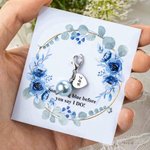 Personalized Blue Pearl Heart Charm Bouquet Clip with Text and Floral Card Something Blue Wedding Engagement Gift for Bride Bridesmaid