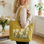 Personalized Butterfly Birth Flower Corduroy Large Capacity Tote Bag with Name and Side Pockets Daily Use Birthday Gift for Women