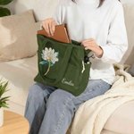 Bolso tote de pana personalizado con flor de nacimiento y nombre gran capacidad cremallera bolsillo regalo de cumpleaños para mujer