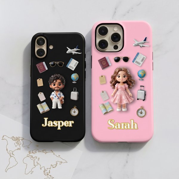 Personalized Cartoon Travel Character Photo Multicolour  Phone Case with Name for iPhone Daily Use Birthday Gift for Traveler Friend