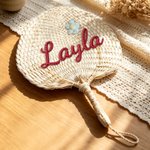 Personalized Flower Natural Woven Palm Leaf Hand Fan with Name Daily Use Birthday Wedding Gift for Bridesmaid Friend
