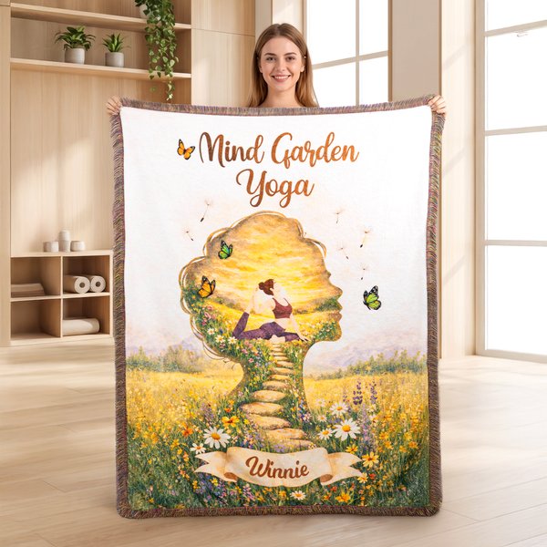 Personalized Mind Garden Yoga Girl Silhouette Soft Tassel Blanket with Name Home Daily Use Birthday Wellness Gift for Yoga Lovers