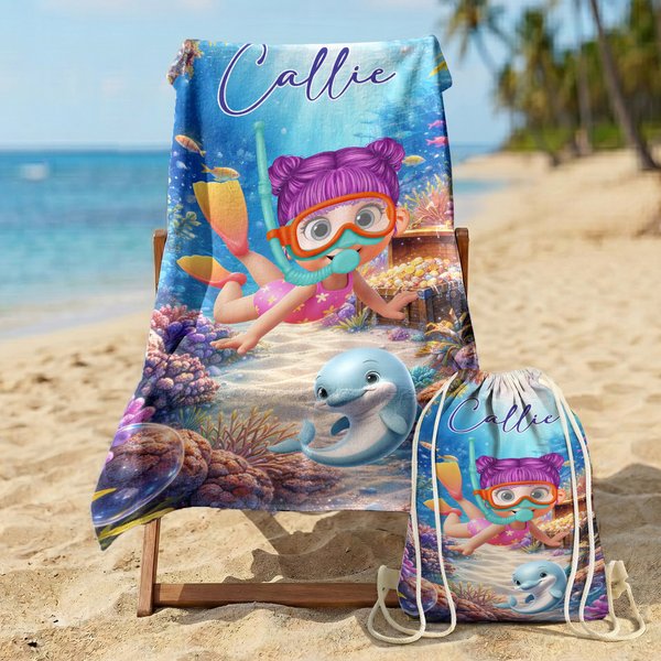 Personalized Cute 3D Diving Character Quick Dry Oversized Microfiber Beach Towel with Name and Drawstring Bag Beach Party Birthday Gift for Kid Adult