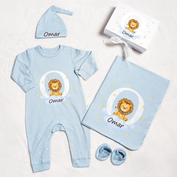 Conjunto de pelele personalizado 100% algodón con lindo animal estrella y nombre con gorro manta y caja regalo de baby shower para recién nacido