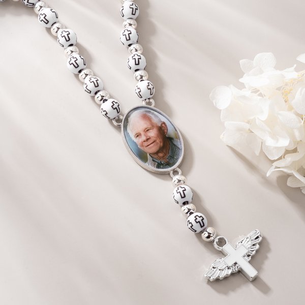 Personalized Photo Cross Beaded Necklace with Angel Wings Cross Pendant Memorial Prayer Religious Gift for Family Christian
