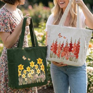 Personalised Butterfly Birth Flower Corduroy Large Capacity Tote Bag with Name and Side Pockets Daily Use Birthday Gift for Women