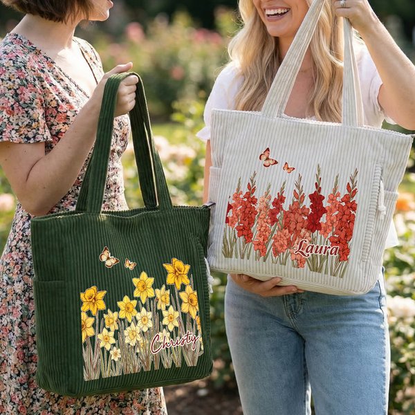 Personalized Butterfly Birth Flower Corduroy Large Capacity Tote Bag with Name and Side Pockets Daily Use Birthday Gift for Women