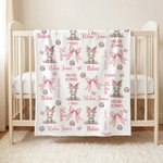 Personalised Floral Bunny Pink Bow Soft Throw Blanket with Name Bedroom Decor Baby Shower Birthday Gift for Baby Girl