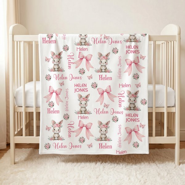 Henkilökohtainen Floral Bunny Pink Bow pehmeä heittää peitto nimi makuuhuoneen sisustus Baby Shower syntymäpäivälahja vauvan tytölle