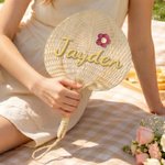Personalized Flower Natural Woven Palm Leaf Hand Fan with Name Daily Use Birthday Wedding Gift for Bridesmaid Friend
