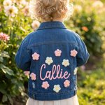 Veste en jean pour enfant avec nom et fleurs personnalisées Cadeau d'anniversaire de naissance pour fille