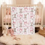 Personalised Floral Bunny Pink Bow Soft Throw Blanket with Name Bedroom Decor Baby Shower Birthday Gift for Baby Girl