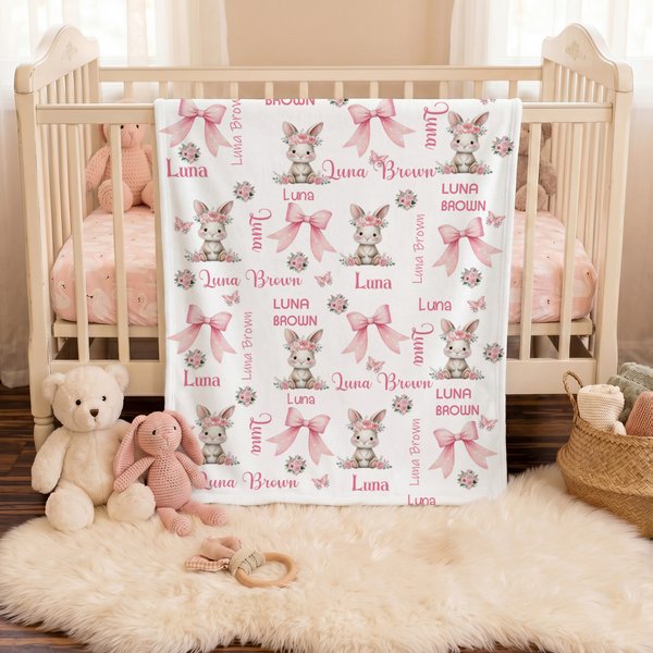 Personalised Floral Bunny Pink Bow Soft Throw Blanket with Name Bedroom Decor Baby Shower Birthday Gift for Baby Girl