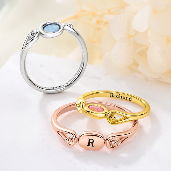 Bague personnalisée en argent sterling avec nom et initiale Opale rotative Cadeau d'anniversaire à porter tous les jours pour une petite amie ou une épouse