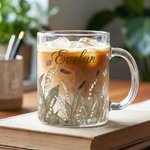 Tazza di vetro personalizzata con manico e nome, regalo di compleanno e anniversario per le donne che amano la natura.