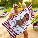 Gepersonaliseerde sneldrogende strandhanddoek van stripfiguur met naam en titel Outdoor Beach Party Verjaardagscadeau voor kinderen vrienden familie