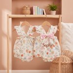 Gepersonaliseerde Roze Strik Bloemen Geborduurde Naam 100% Katoenen Baby Zomer Romper Coming Home Baby Shower Gift voor Pasgeboren Meisje