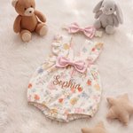 Gepersonaliseerde Roze Strik Bloemen Geborduurde Naam 100% Katoenen Baby Zomer Romper Coming Home Baby Shower Gift voor Pasgeboren Meisje