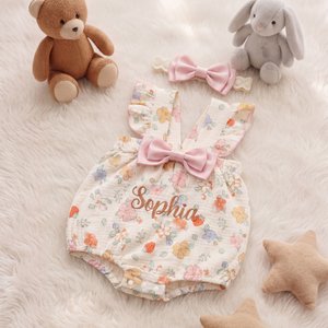 Nom brodé floral avec nœud rose personnalisé 100% coton Cadeau de douche de bébé pour nouveau-né fille