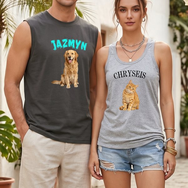 Personalized Cute Cat Dog Pet Photo Design Loose Fit Breathable Tank Top with Text Daily Wear Pet Party Birthday Gift for Pet Owner