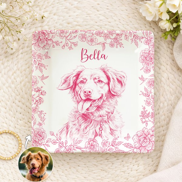 Henkilökohtainen Toile De Jouy Style Pet Portrait Keraaminen Trinket Korut Dish nimi syntymäpäivälahja lemmikkieläinten omistajalle