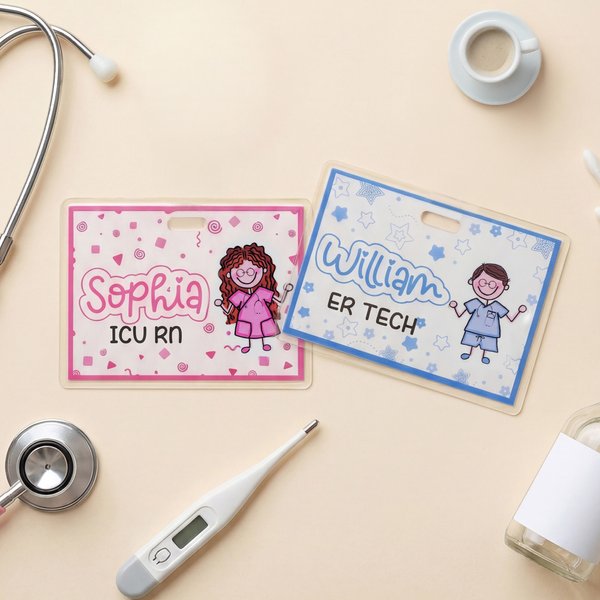 Personalisierte Cartoon Krankenschwester einfache Linie Zeichnung laminiert Fotopapier ID Badge Buddy mit Namen Krankenschwester Woche Geburtstag Geschenk für Krankenschwester Arzt medizinisches Perso