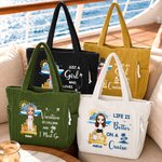 Personalized Cartoon Character Cruise Ship Corduroy Tote Bag with Text and Name Travel Essential Daily Use Birthday Gift for Her