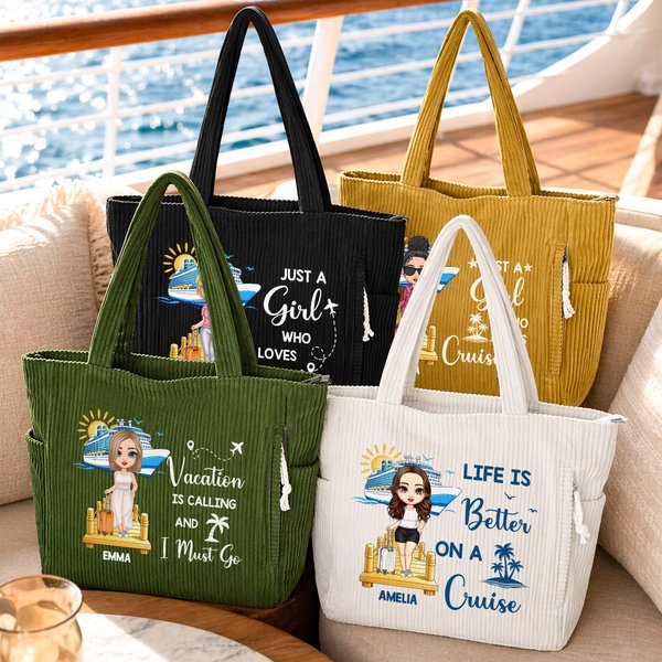 Personalized Cartoon Character Cruise Ship Corduroy Tote Bag with Text and Name Travel Essential Daily Use Birthday Gift for Her